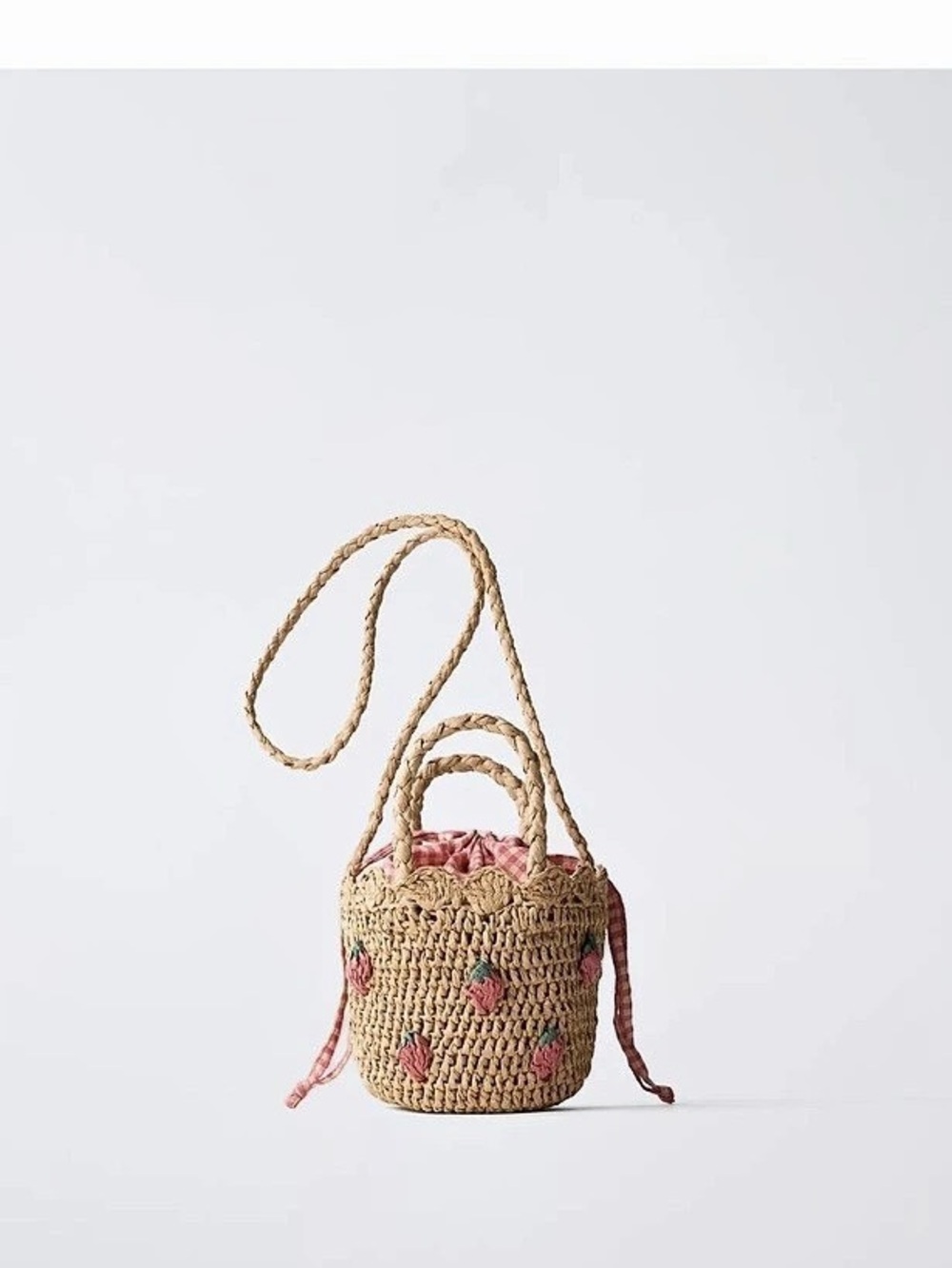 Zara Strawberry Raffia Effect Basket Bag in Brown & Pink